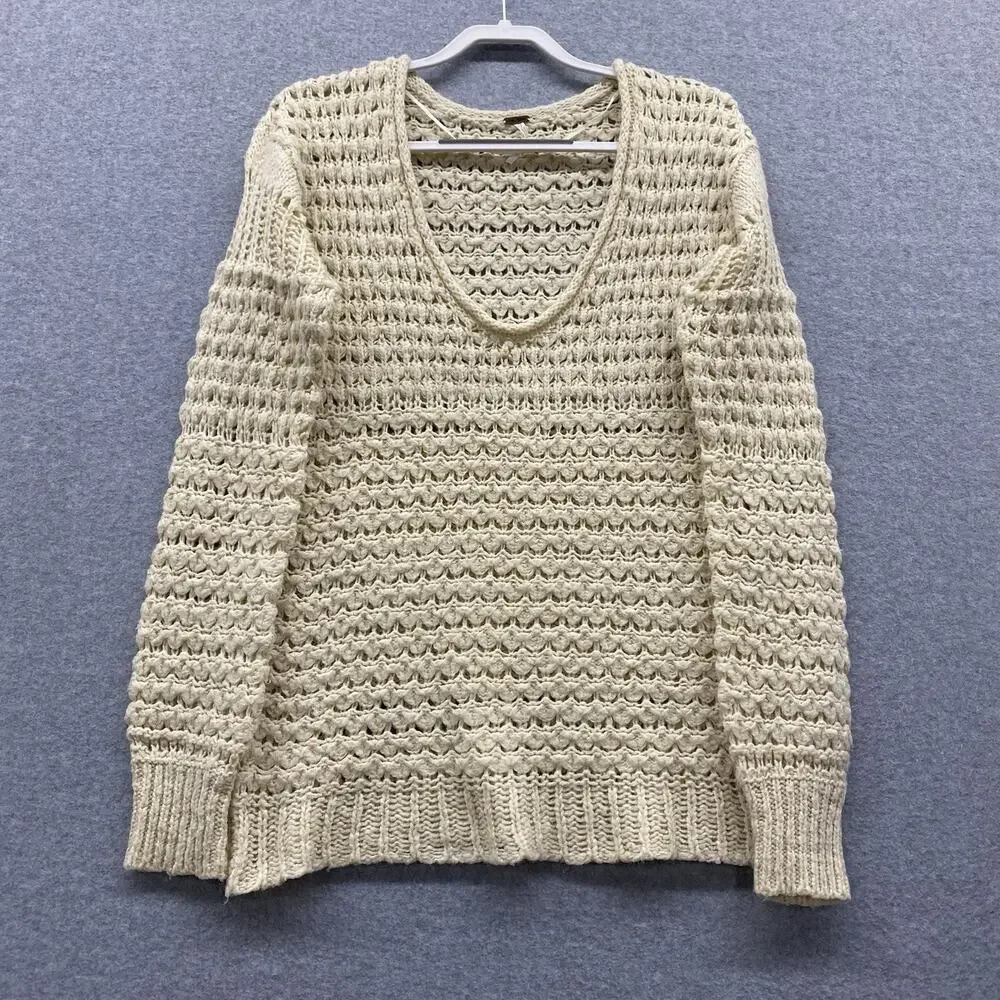 Free People Crashing Waves Sweater S Cream Crochet Boho Coastal Cottagecore Wool